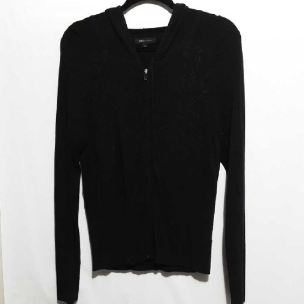 BCBGMAXAZRIA Black Zip Front Women's L Hooded Cardigan Sweater